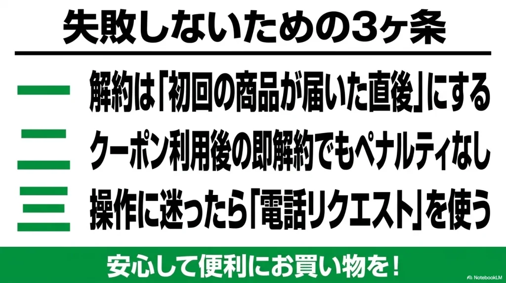 解約は商品到着直後に行う、クーポン利用後でもペナルティなし、迷ったら電話リクエストを使う、という失敗しないための3ヶ条をまとめた最終スライド画像。