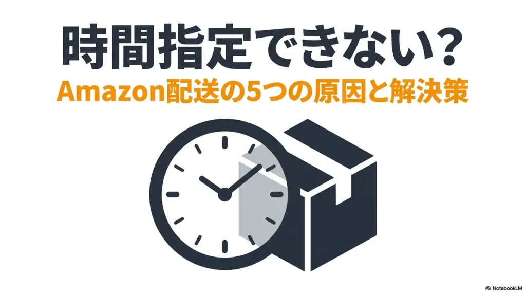 時計と段ボール箱のアイコンが描かれた、「時間指定できない？Amazon配送の5つの原因と解決策」という記事のタイトルスライド画像。