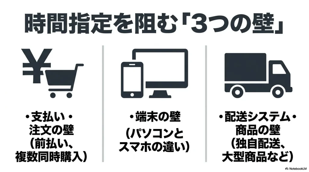 Amazonで時間指定ができない原因を、支払い・注文の壁(前払い、複数同時購入)、端末の壁(パソコンとスマホの違い)、配送システム・商品の壁(独自配送、大型商品など)の3つに分類して紹介するスライド画像。