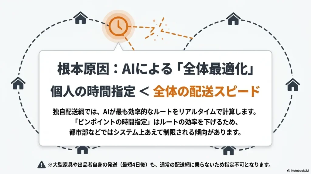 Amazon独自配送網ではAIが最も効率的なルートをリアルタイムで計算するため、個人の時間指定よりも全体の配送スピード(全体最適化)を優先し、都市部などでシステム上制限される傾向があることを説明するスライド画像。
