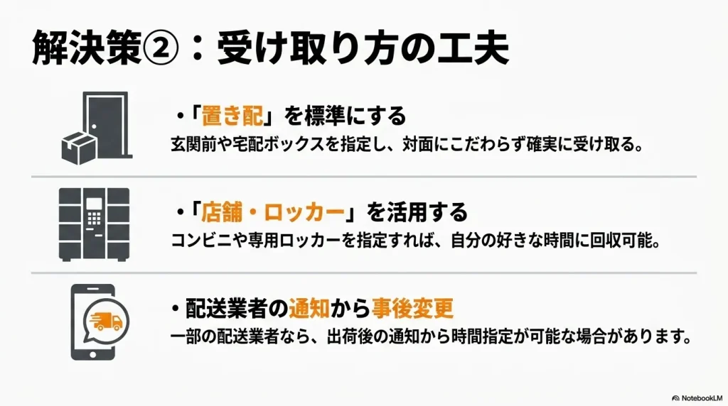 玄関前や宅配ボックスを指定する「置き配」の標準化、コンビニや専用ロッカーを活用する「店舗・ロッカー」の指定、ヤマト運輸の出荷後通知から時間指定を行う「事後変更」の3つの代替手段を提案するスライド画像。