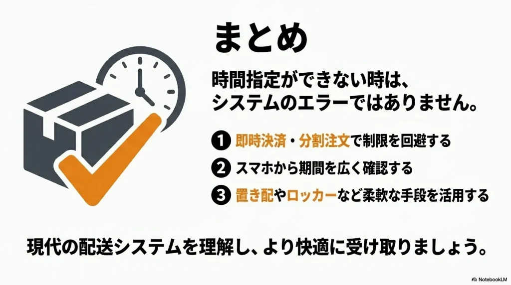 時間指定不可はシステムエラーではなく現代の配送システムによるものとし、即時決済・分割注文での制限回避、スマホからの確認、置き配やロッカーなどの柔軟な手段の活用を促す総括スライド画像。