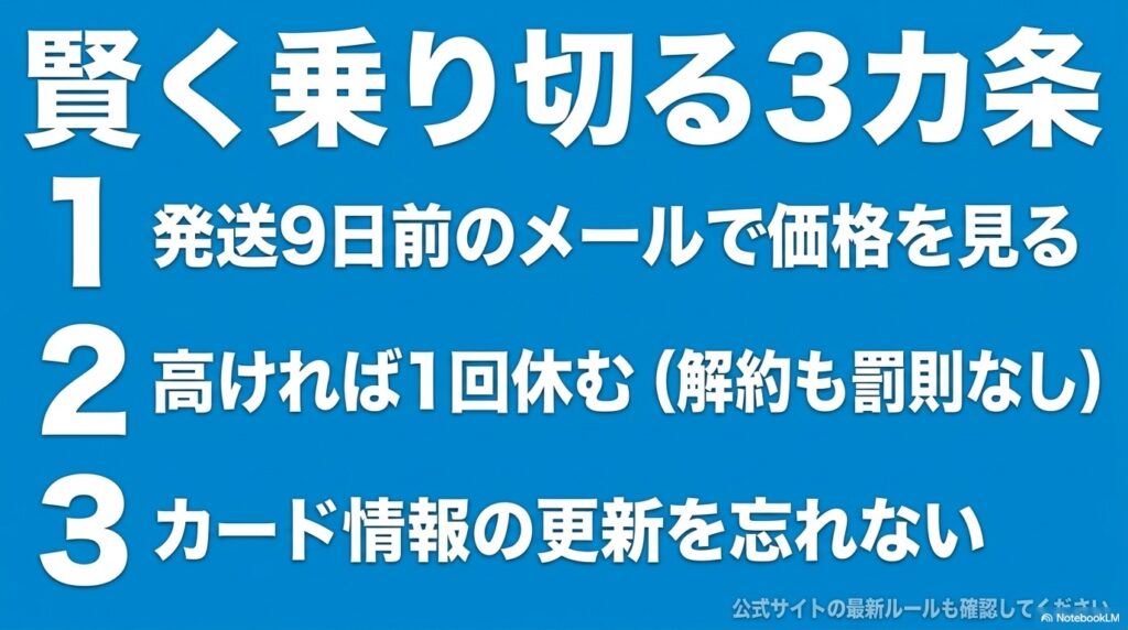 価格変動を乗り切るためのまとめとして、発送9日前のメール確認、高ければ1回休む、カード情報の更新を忘れないという3つのポイントを挙げた図