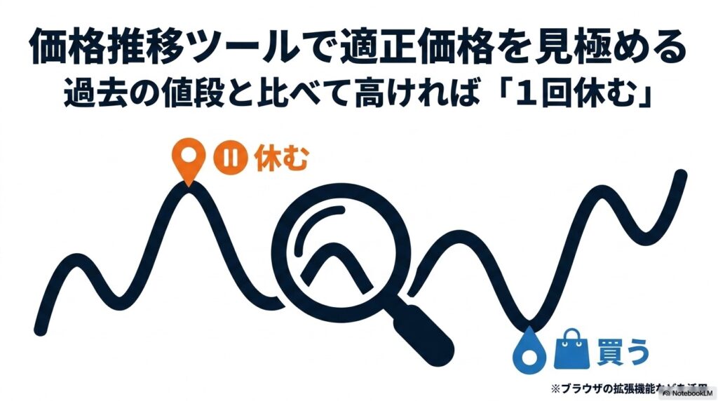 ブラウザの拡張機能などの価格推移ツールを利用し、過去の値段と比較して高ければ1回休むという判断ができることを示す図