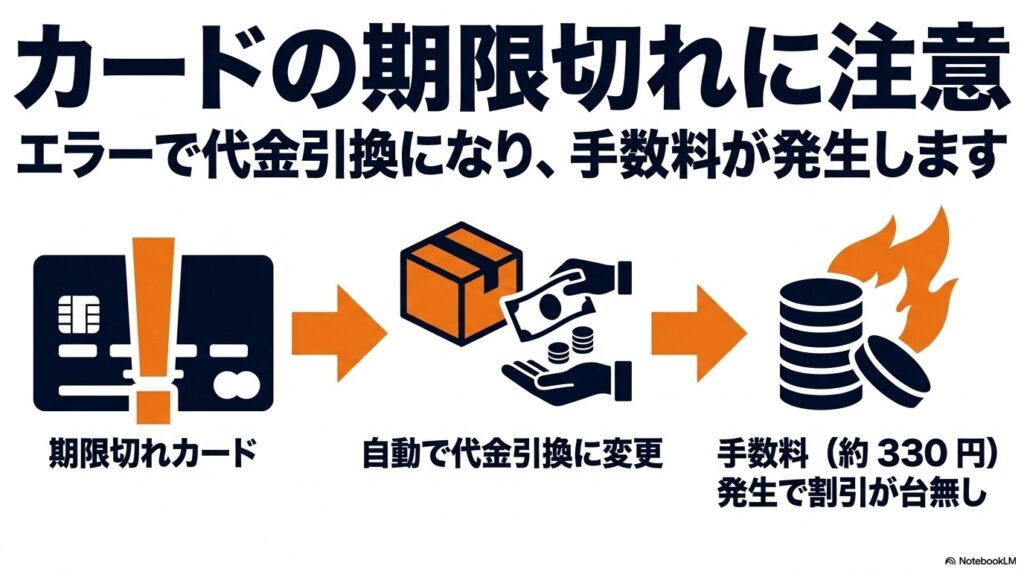 クレジットカードが期限切れなどでエラーになると、自動で代金引換に変更され手数料が発生し割引が台無しになることを警告する図